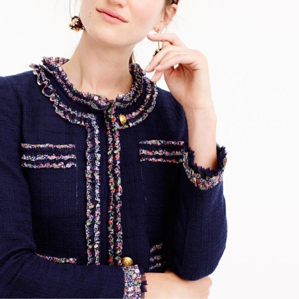 J. Crew Liberty London Navy Tweed Floral Trim Boxy Lady Jacket Womens 6